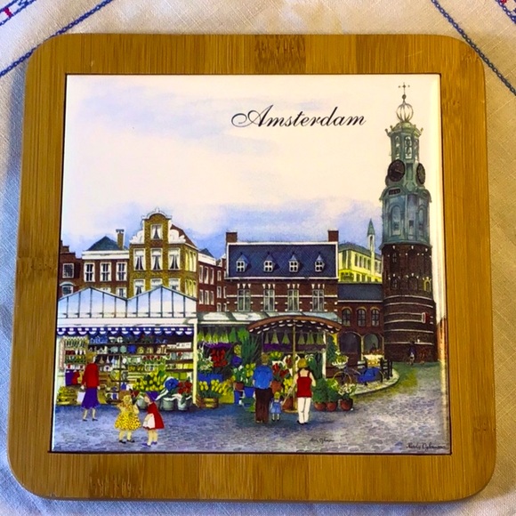 DELFTWARE 🇳🇱 AMSTERDAM TILE TRIVET BAMBOO FRAME - Picture 5 of 5